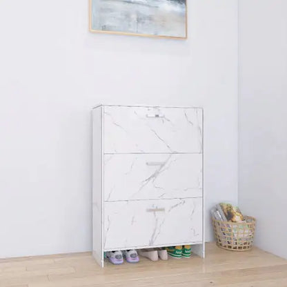 White Marble Color High Glossy 3 Doors Shoe Cabinet With Retro Handles