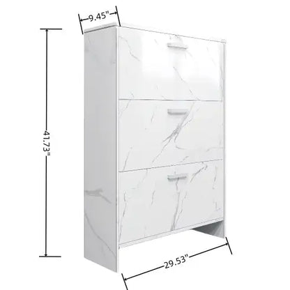 White Marble Color High Glossy 3 Doors Shoe Cabinet With Retro Handles